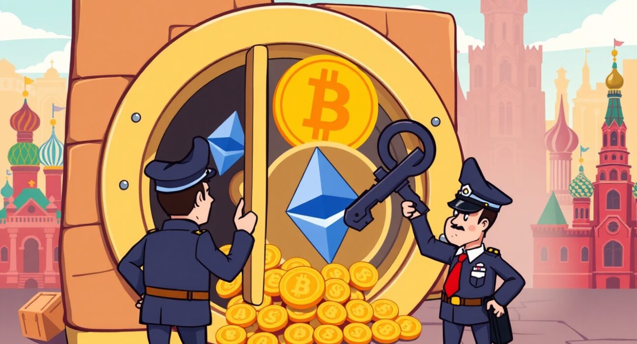 A cartoon illustration of a dramatic cryptocurrency seizure, with Bitcoin and Ethereum being secured from a vault.