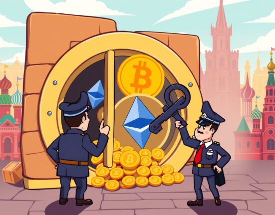 A cartoon illustration of a dramatic cryptocurrency seizure, with Bitcoin and Ethereum being secured from a vault.