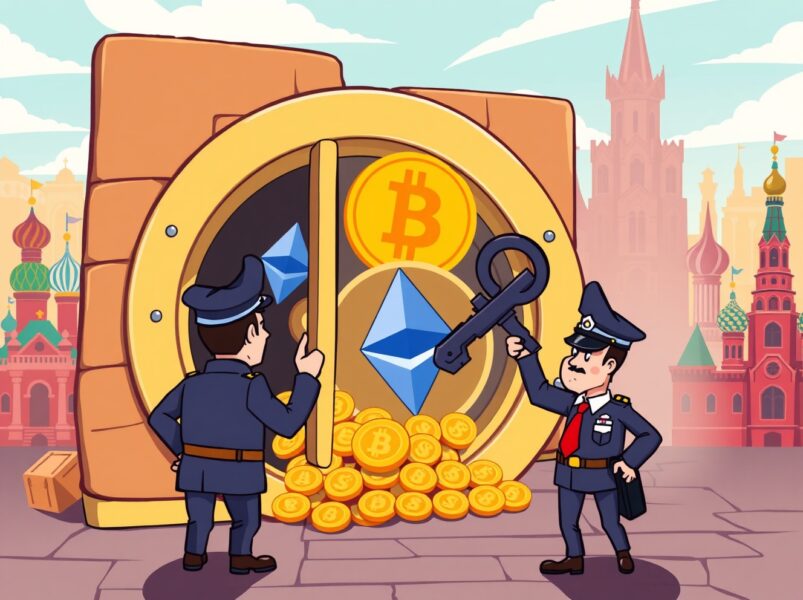 A cartoon illustration of a dramatic cryptocurrency seizure, with Bitcoin and Ethereum being secured from a vault.