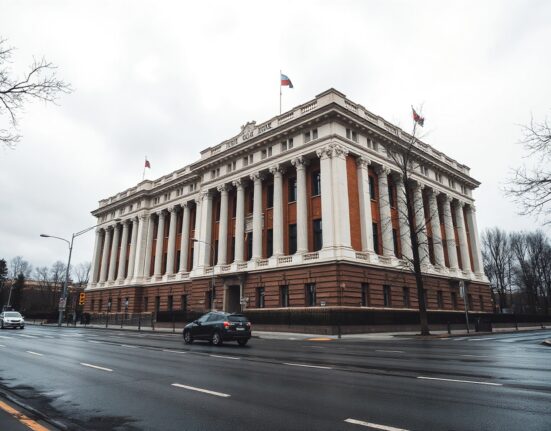 Exterior of the Russian State Duma building in Moscow under overcast sky