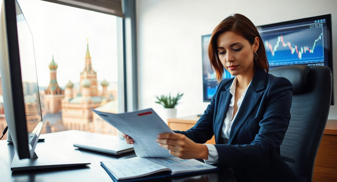 Financial professional reviewing documents with Moscow skyline in background