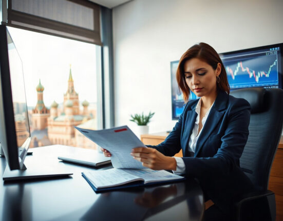 Financial professional reviewing documents with Moscow skyline in background