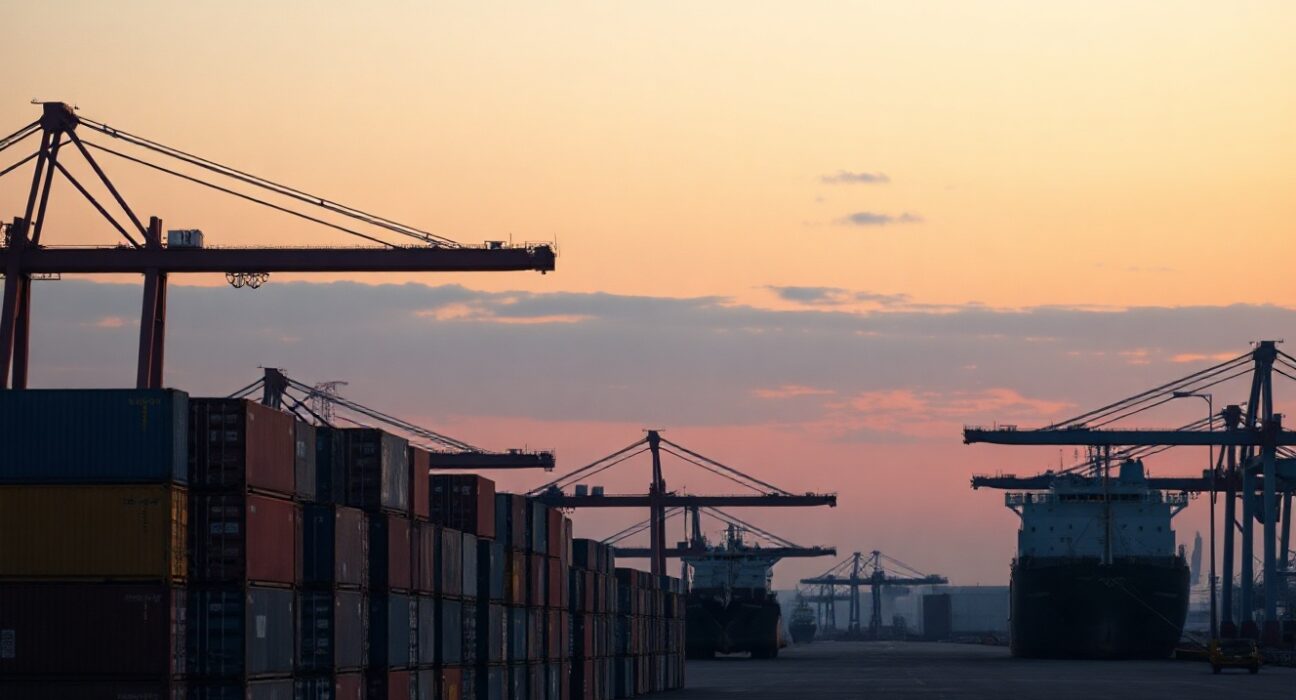 Cargo ship and cranes at a Russian port at dusk, symbolizing foreign trade activity.
