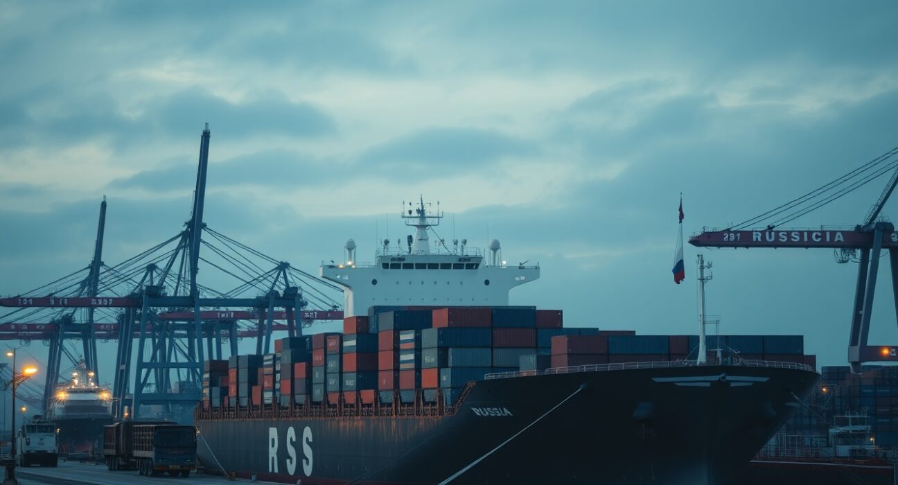 Container ship at a Russian port under overcast skies, representing foreign trade activity.