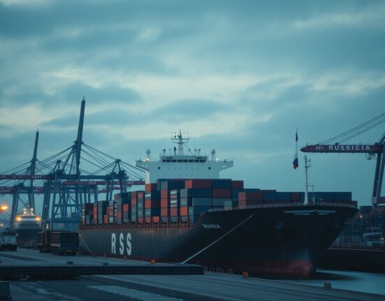 Container ship at a Russian port under overcast skies, representing foreign trade activity.
