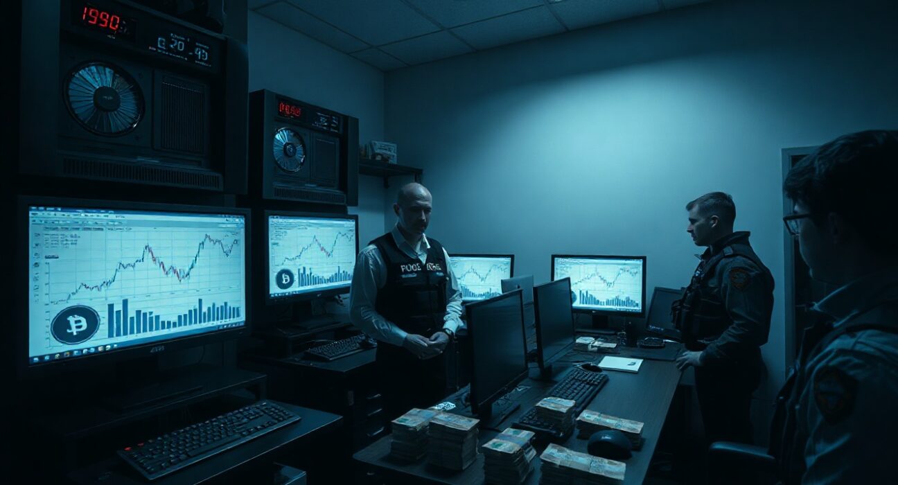 Russian FSB officers inspect crypto mining rigs and cash during a raid on an unregistered exchange in Moscow.