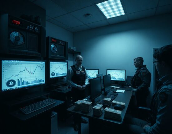 Russian FSB officers inspect crypto mining rigs and cash during a raid on an unregistered exchange in Moscow.