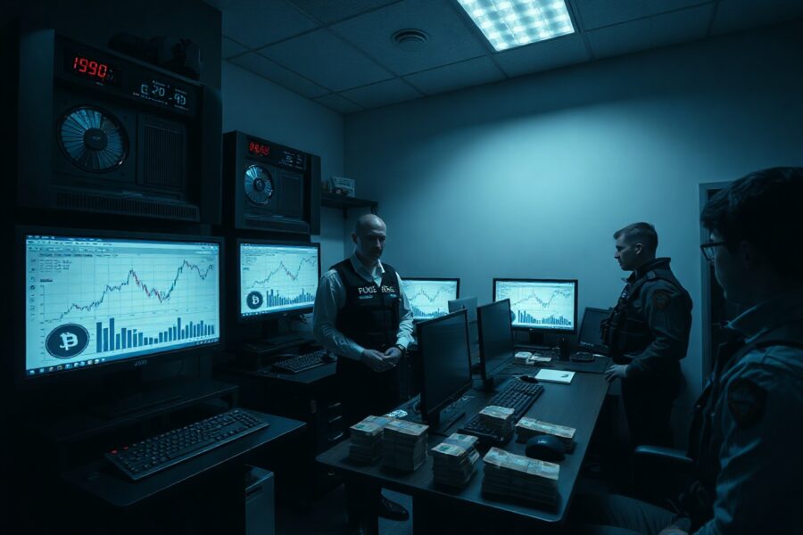 Russian FSB officers inspect crypto mining rigs and cash during a raid on an unregistered exchange in Moscow.
