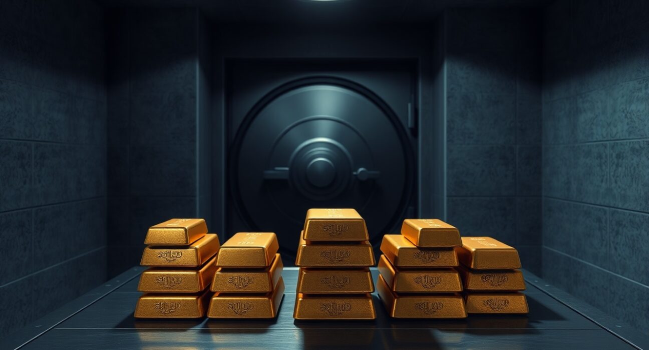 Gold bars in a secure vault representing Russia's gold reserves used for economic support