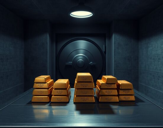 Gold bars in a secure vault representing Russia's gold reserves used for economic support