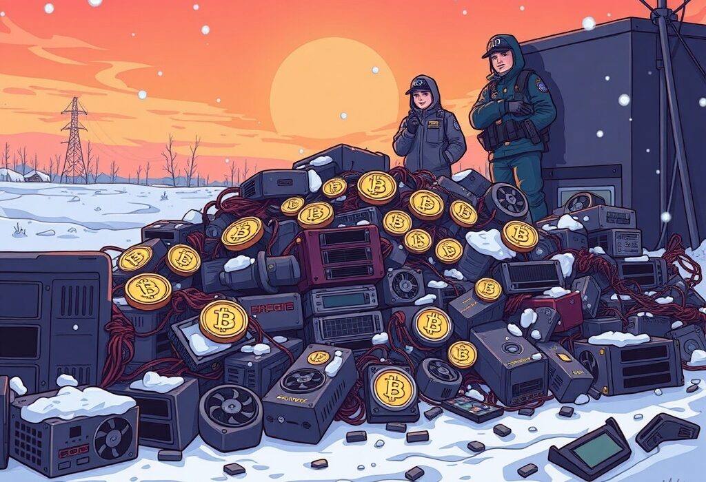 A cartoon illustration showing Russian authorities seizing a large number of illegal crypto miners in a snowy landscape, symbolizing a significant crypto mining seizure.