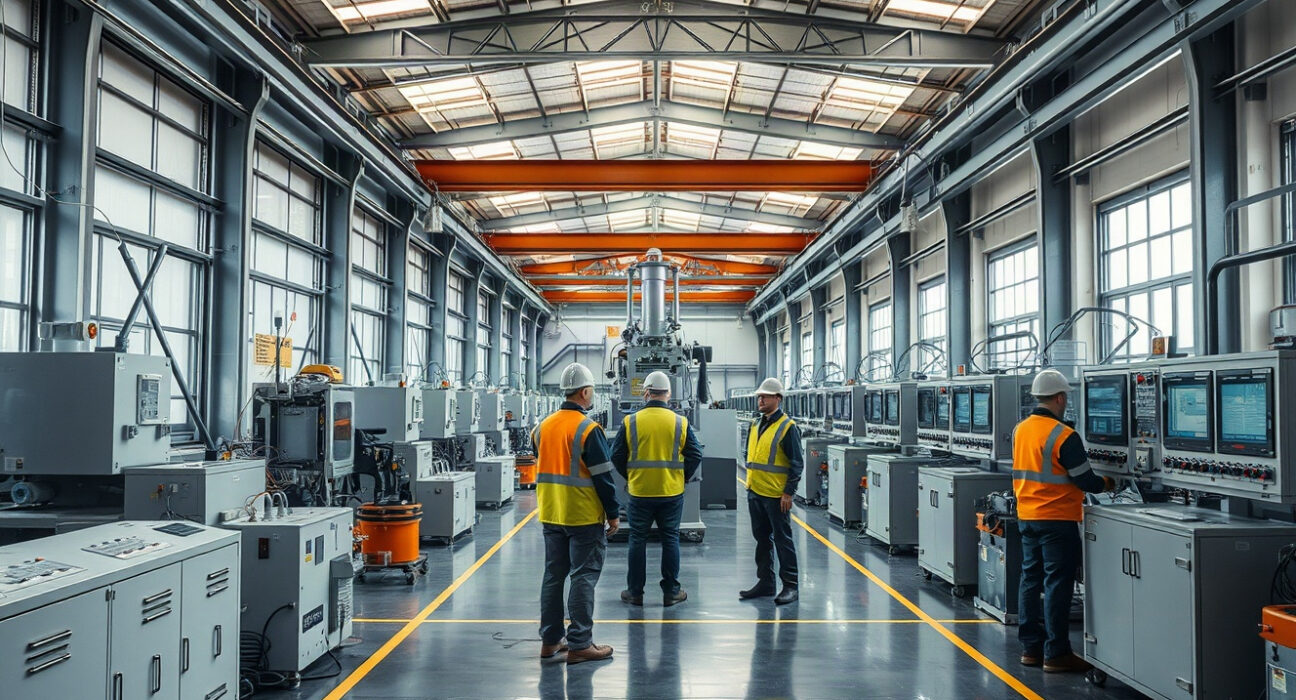 Workers on a factory floor in Russia monitoring industrial machinery.