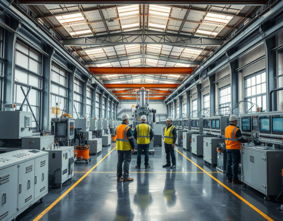 Workers on a factory floor in Russia monitoring industrial machinery.