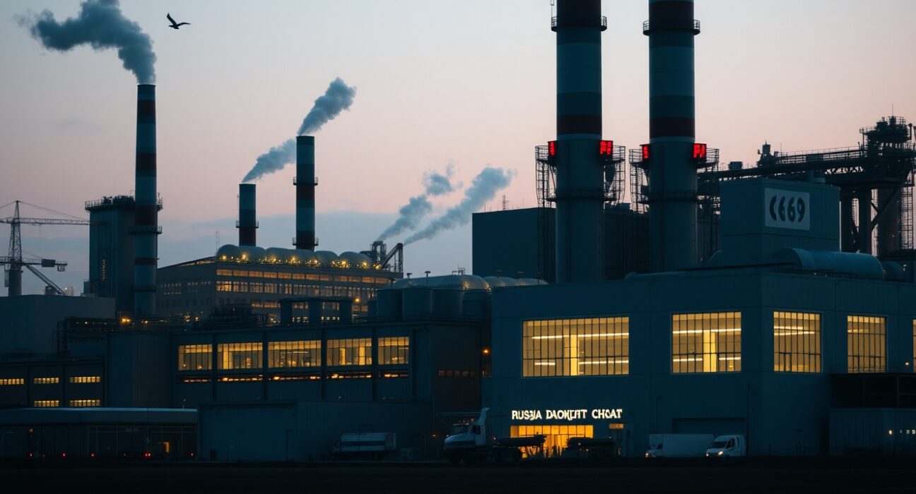 Industrial factory complex in Russia at dusk with smokestacks and lights on