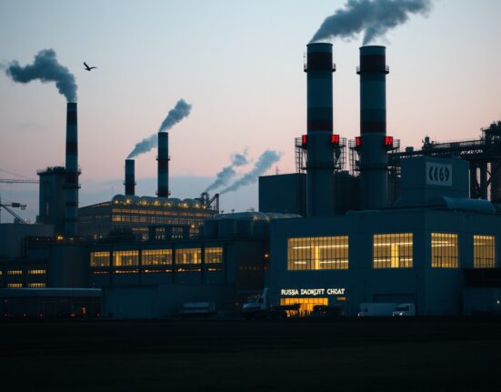 Industrial factory complex in Russia at dusk with smokestacks and lights on