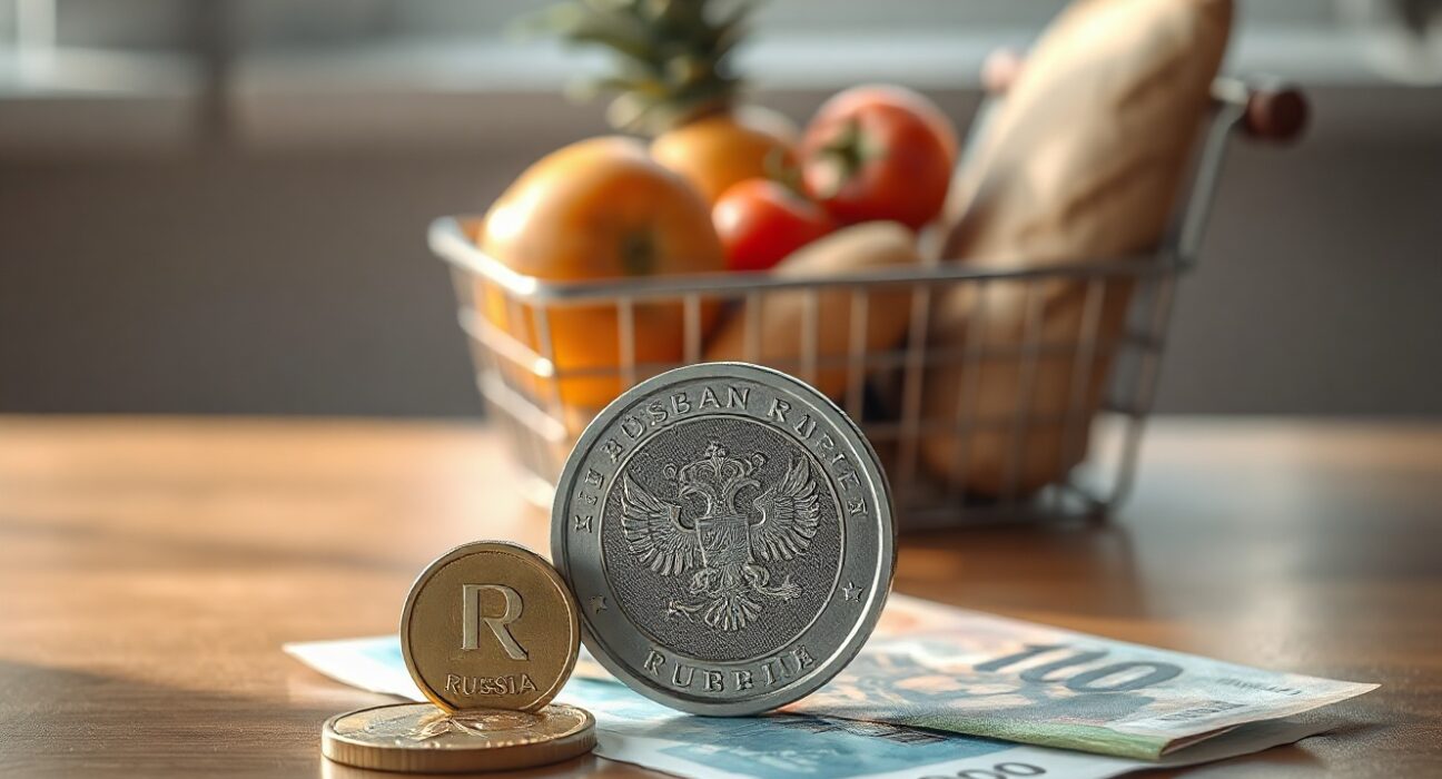 Russian ruble coins and banknotes with a grocery basket, symbolizing consumer inflation