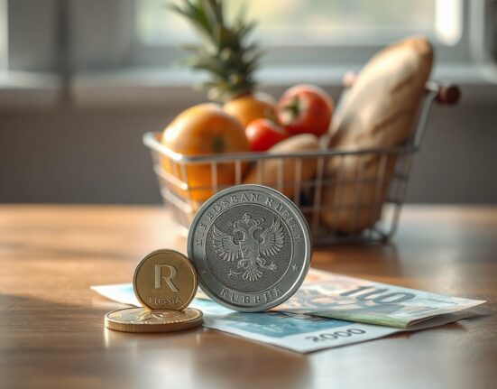 Russian ruble coins and banknotes with a grocery basket, symbolizing consumer inflation