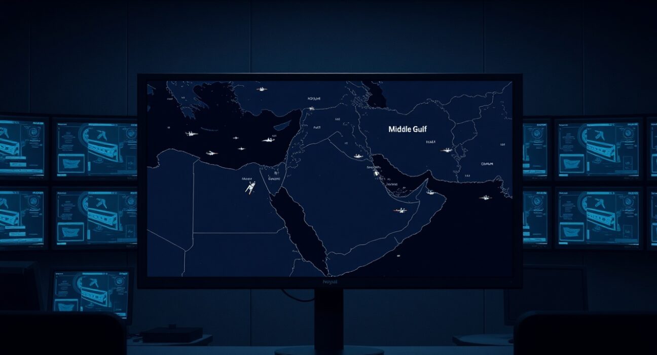 Digital map showing suspected intelligence sharing on US military targets in the Middle East.