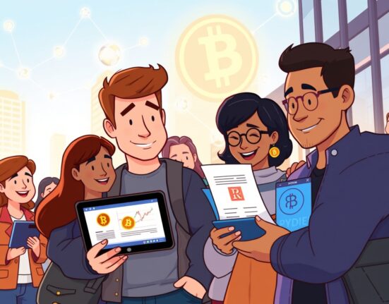 Cartoon illustration of Russia permitting retail crypto investing, showing people engaging with digital finance.