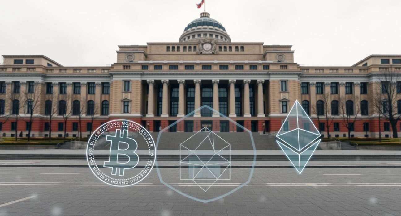 State Duma building in Moscow with faint holographic cryptocurrency symbols in foreground