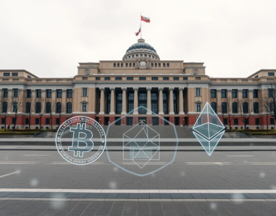 State Duma building in Moscow with faint holographic cryptocurrency symbols in foreground