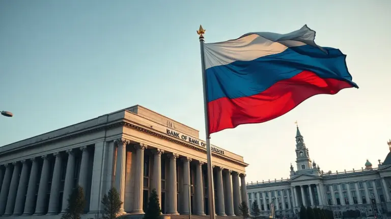 Bank of Russia headquarters with Russian flag, representing new crypto regulations
