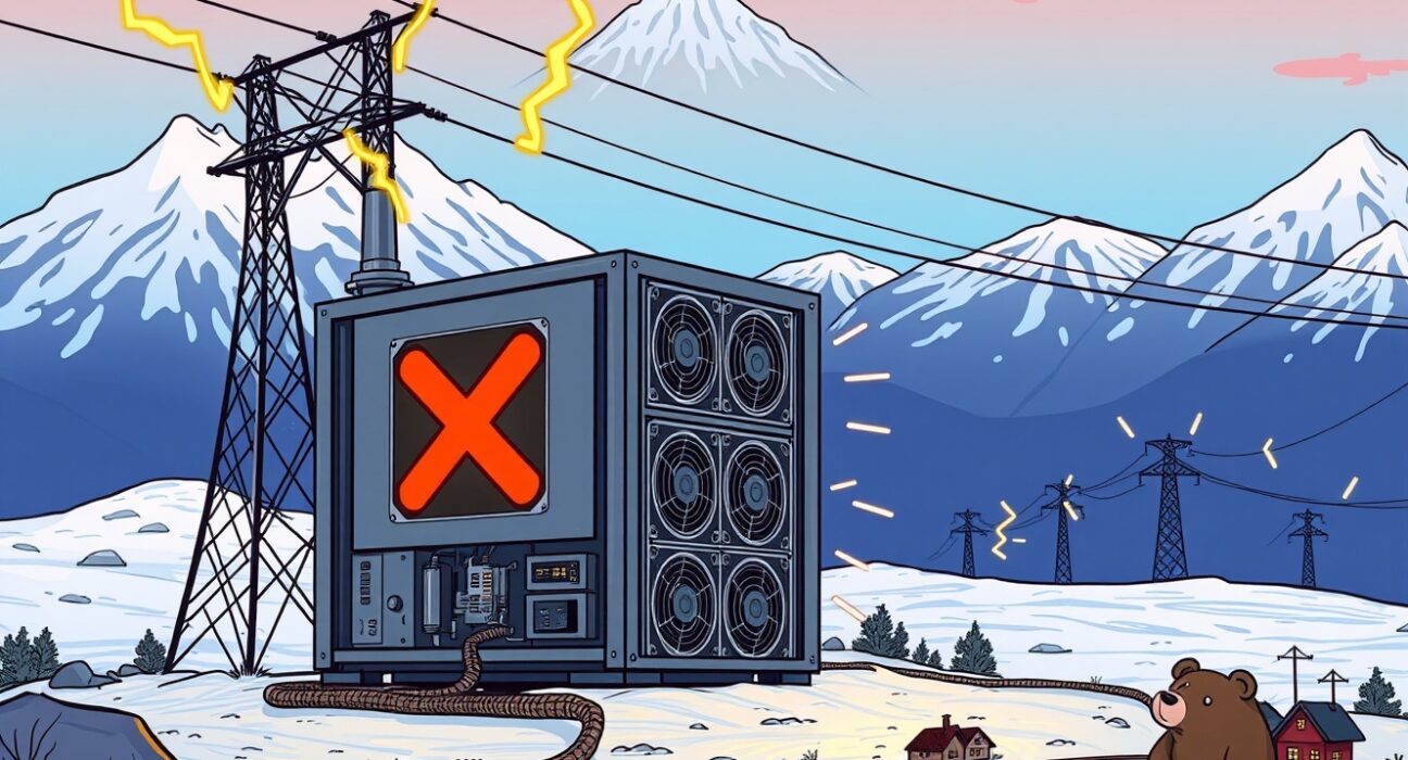 Russia's permanent cryptocurrency mining ban illustrated with blocked mining rigs in Siberian landscape