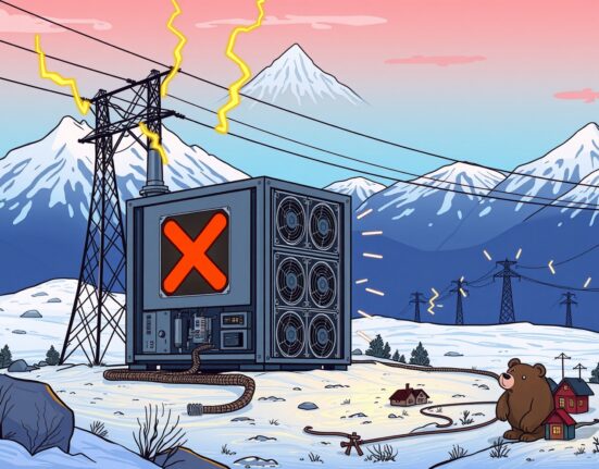 Russia's permanent cryptocurrency mining ban illustrated with blocked mining rigs in Siberian landscape