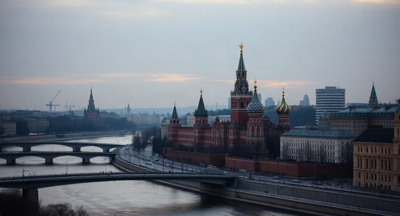Moscow Kremlin skyline at dusk, reflecting economic downturn in Russia