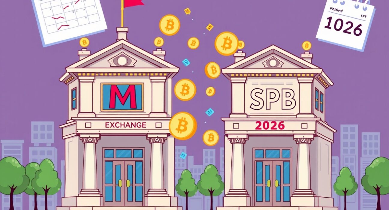 Cartoon illustration of Russian exchanges preparing for regulated crypto trading with digital assets in 2026.