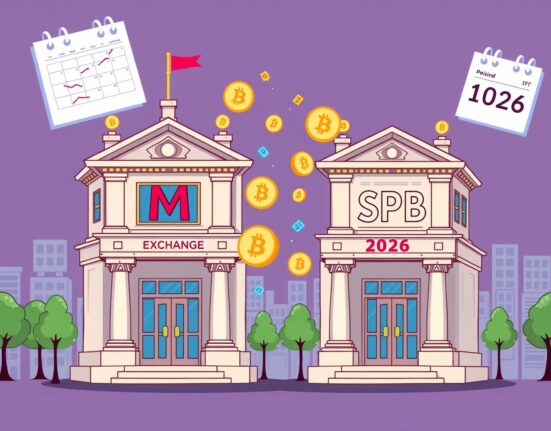 Cartoon illustration of Russian exchanges preparing for regulated crypto trading with digital assets in 2026.