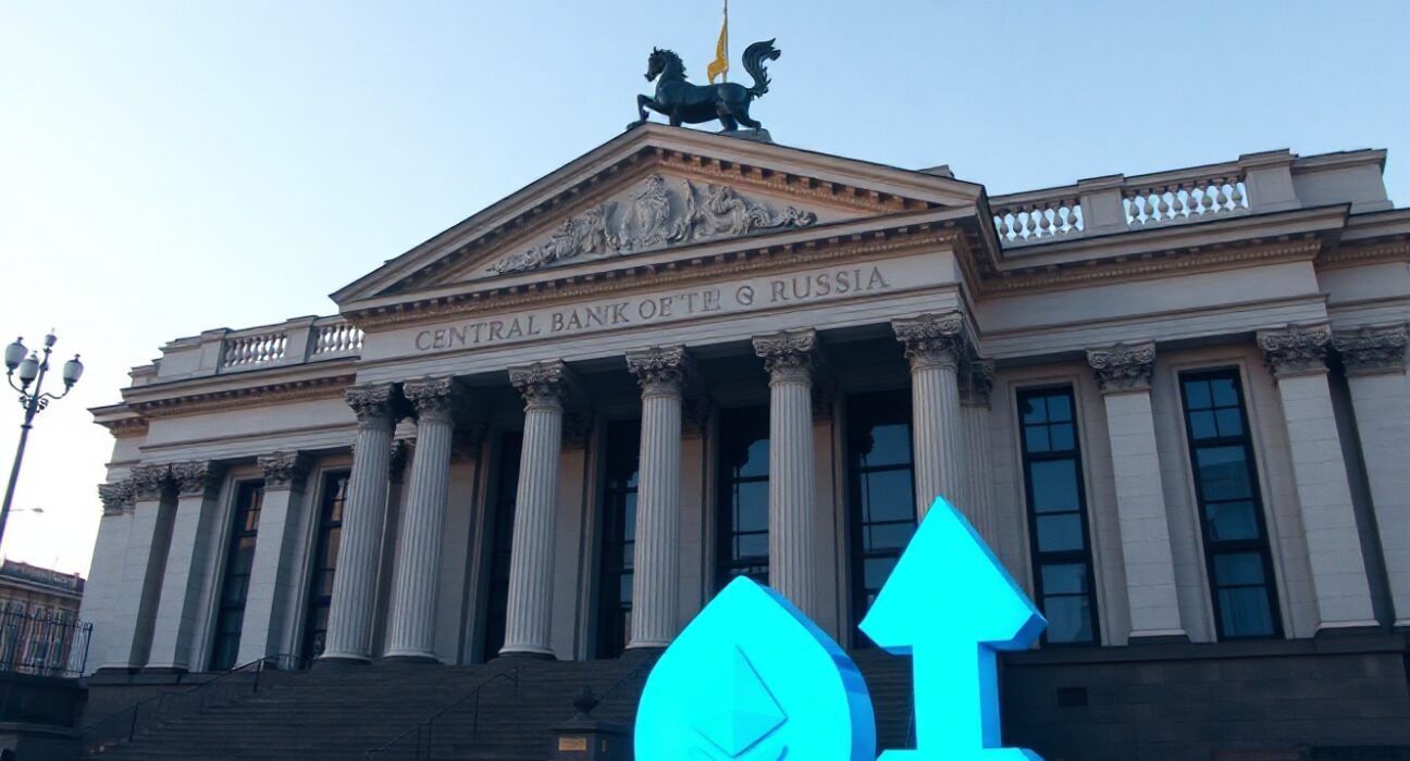 Central Bank of Russia building in Moscow with digital Bitcoin, Ethereum, and USDT symbols