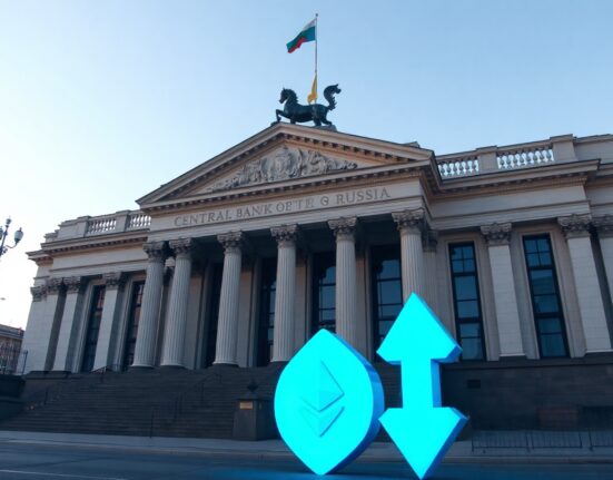Central Bank of Russia building in Moscow with digital Bitcoin, Ethereum, and USDT symbols