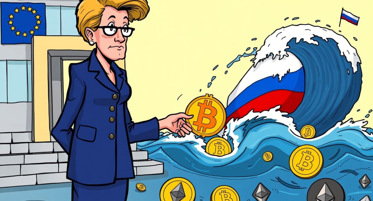 A cartoon illustration depicting EU regulations impacting cryptocurrency symbols, conveying the effect of Russia sanctions crypto platforms.