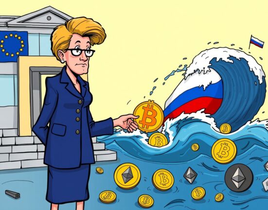 A cartoon illustration depicting EU regulations impacting cryptocurrency symbols, conveying the effect of Russia sanctions crypto platforms.