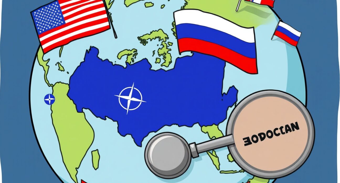 Cartoon illustration showing the US and NATO preparing for major Russia sanctions, highlighting geopolitical readiness.
