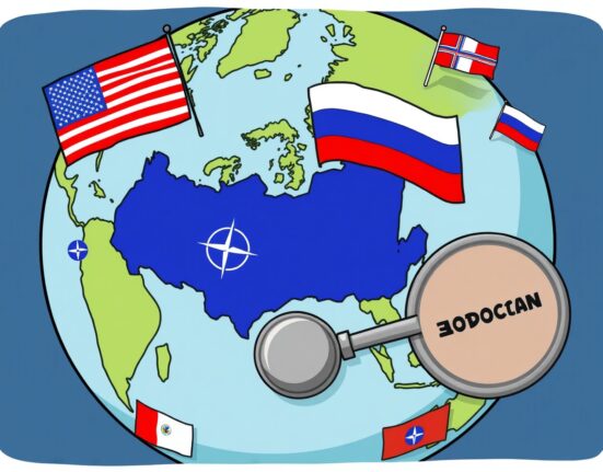 Cartoon illustration showing the US and NATO preparing for major Russia sanctions, highlighting geopolitical readiness.