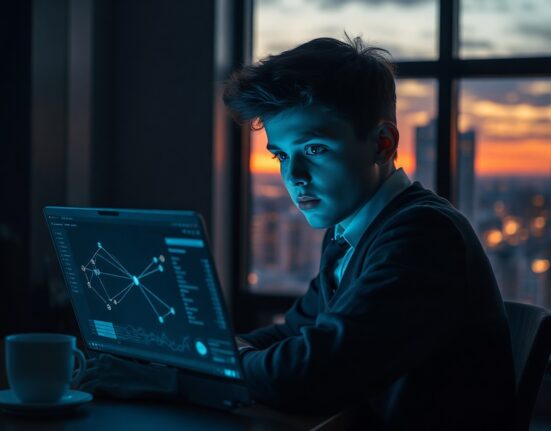 Teenage boy in school uniform looking at cryptocurrency data on a laptop in a dimly lit room