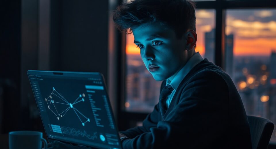 Teenage boy in school uniform looking at cryptocurrency data on a laptop in a dimly lit room