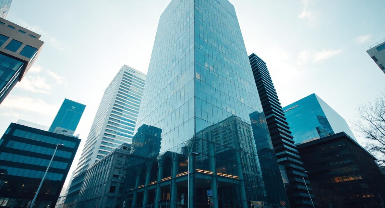 Moscow business district skyline with glass office buildings under a clear sky