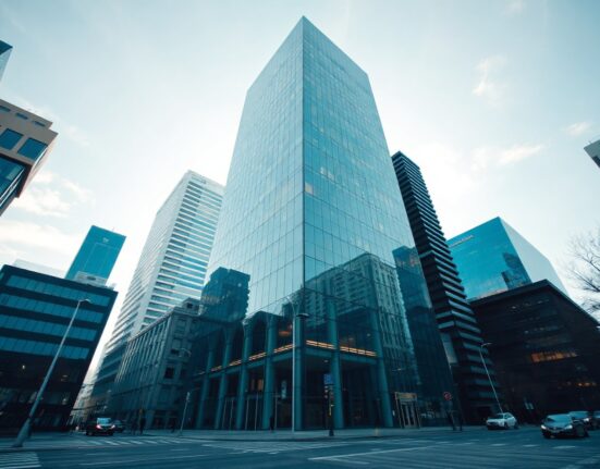 Moscow business district skyline with glass office buildings under a clear sky