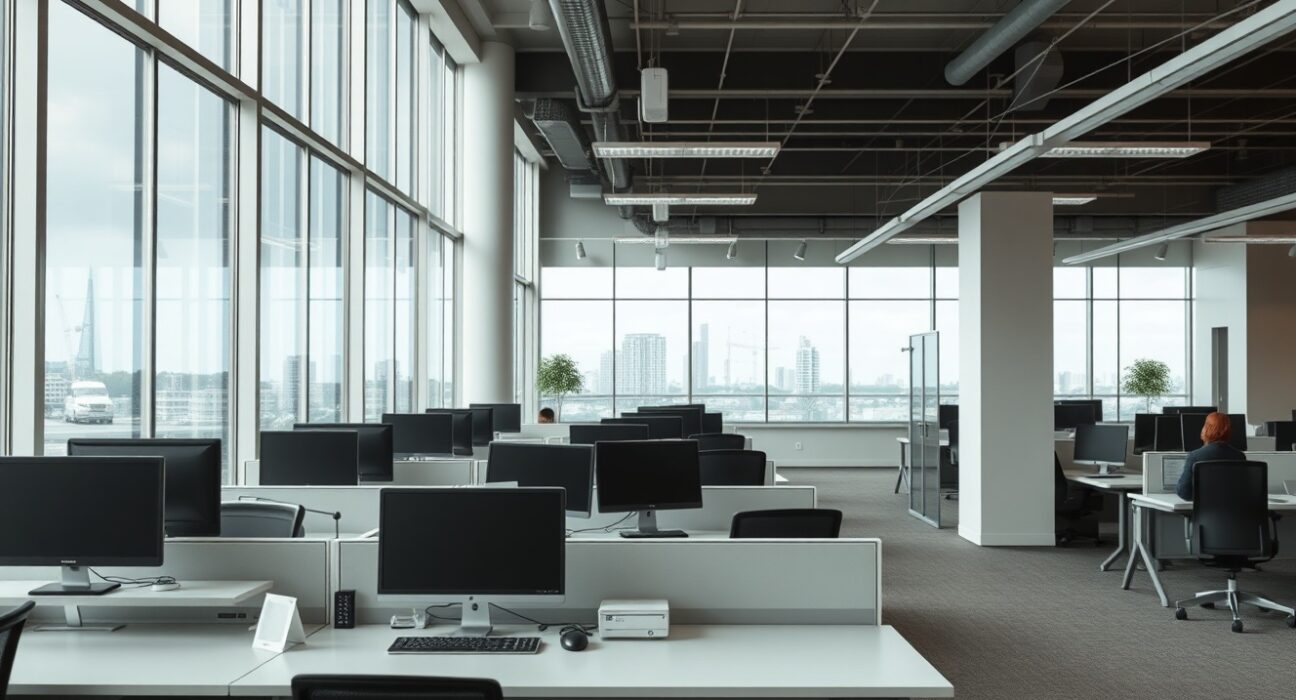 Empty office desks in a modern Moscow services company, reflecting a slowdown in business activity.