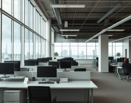 Empty office desks in a modern Moscow services company, reflecting a slowdown in business activity.