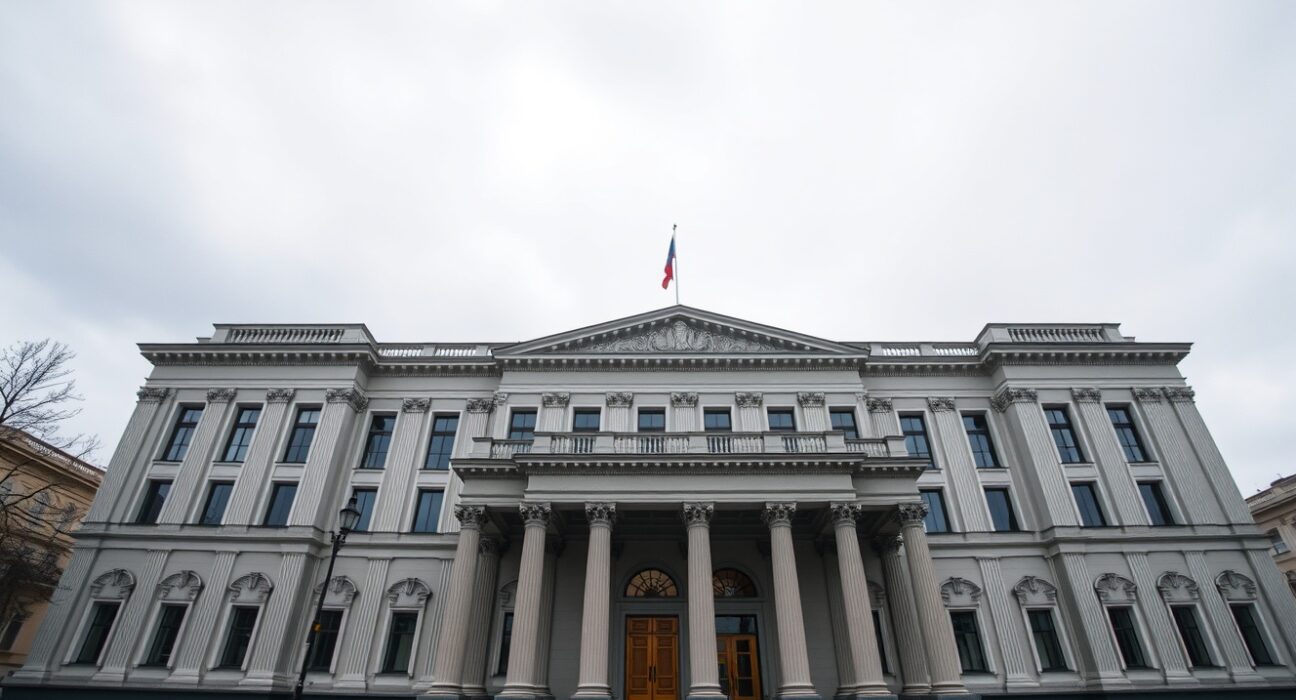 Exterior of the Russian State Duma building in Moscow under overcast sky