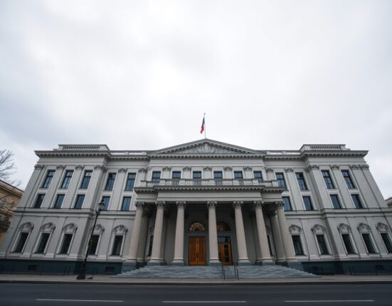 Exterior of the Russian State Duma building in Moscow under overcast sky