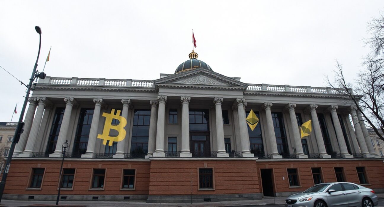 Exterior of the Russian State Duma building in Moscow with subtle cryptocurrency symbols in reflection