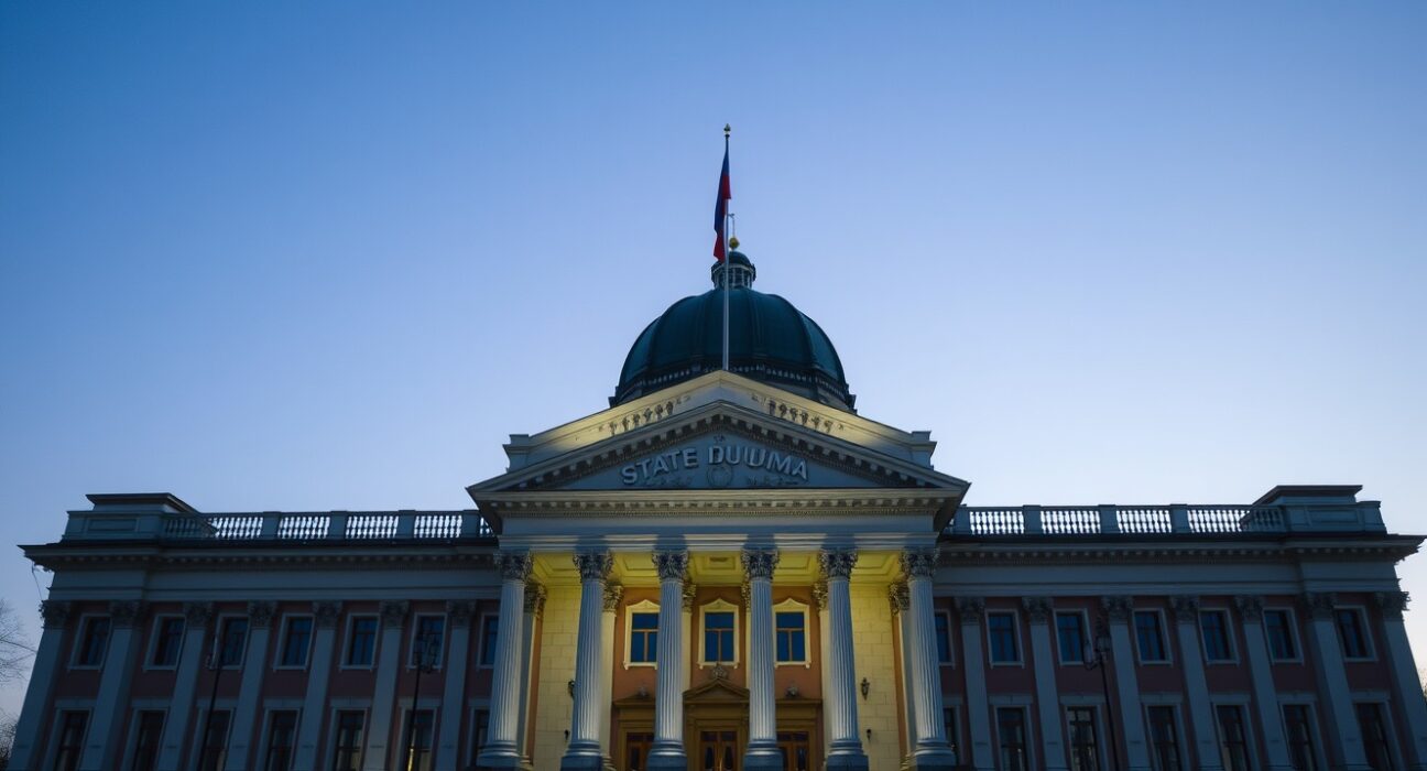 Exterior view of the Russian State Duma building in Moscow at dusk