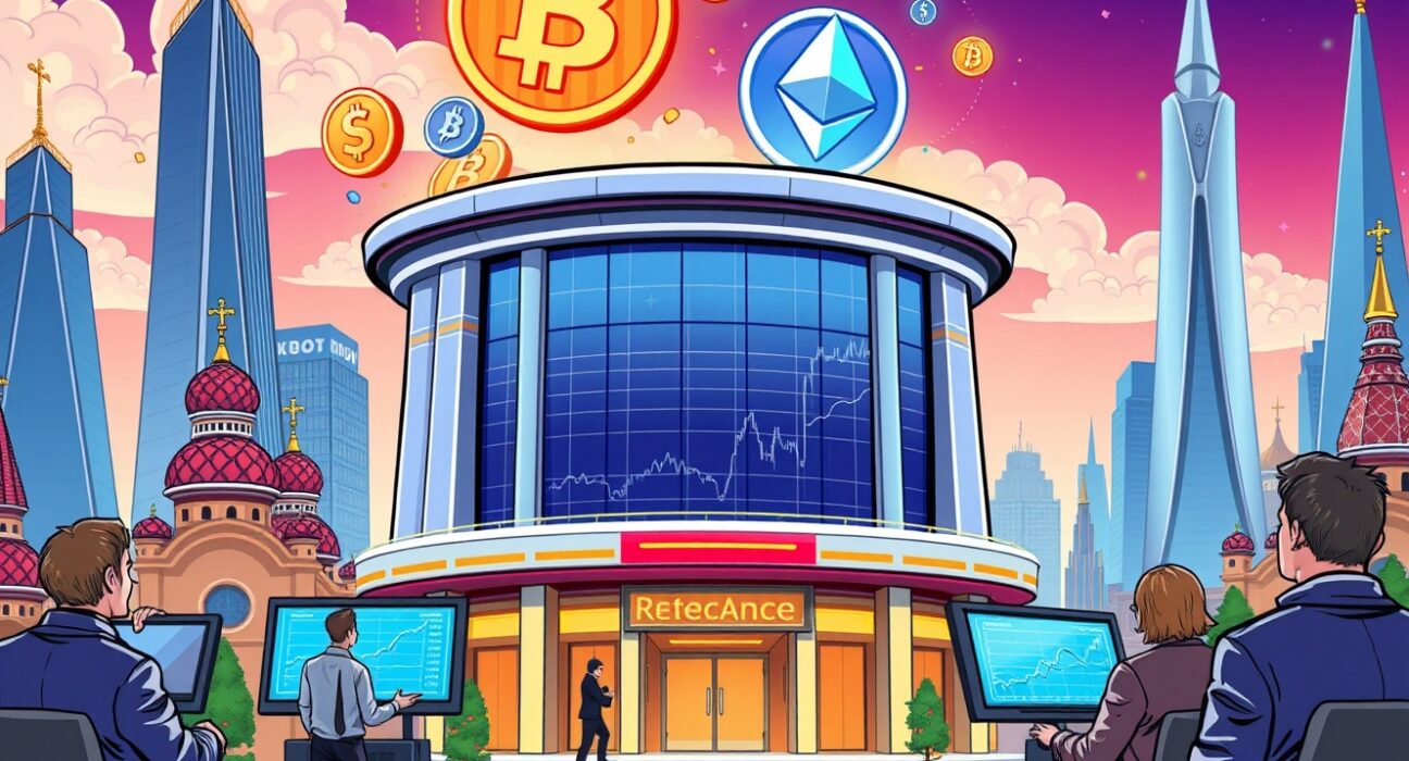 A vibrant cartoon illustration of a Russian stock exchange launching crypto trading with digital currency symbols.