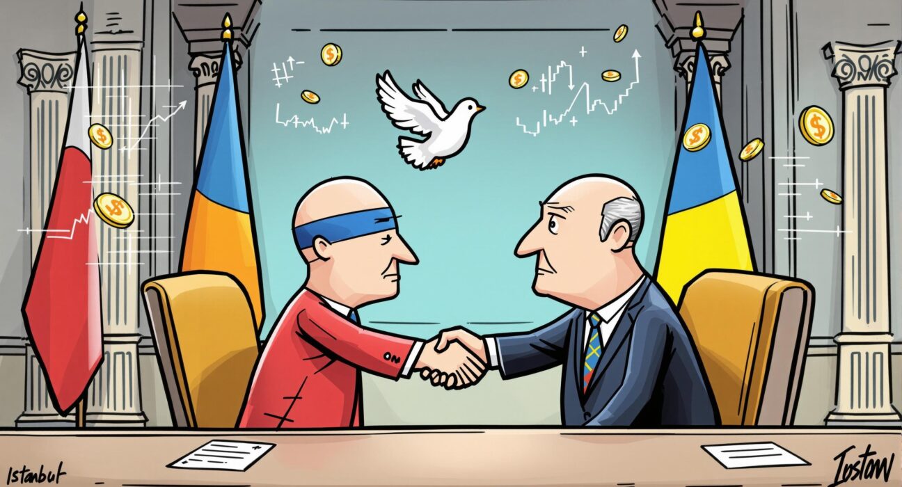 Cartoon showing representatives concluding Russia Ukraine peace talks, symbolizing their impact on global markets and investor sentiment.