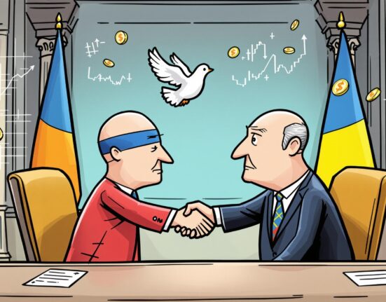 Cartoon showing representatives concluding Russia Ukraine peace talks, symbolizing their impact on global markets and investor sentiment.